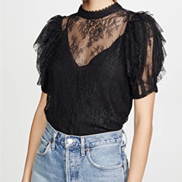 NWT FREE PEOPLE Secret Admirer blouse, black lace, puff sleeve, women’s size S - Picture 3 of 9